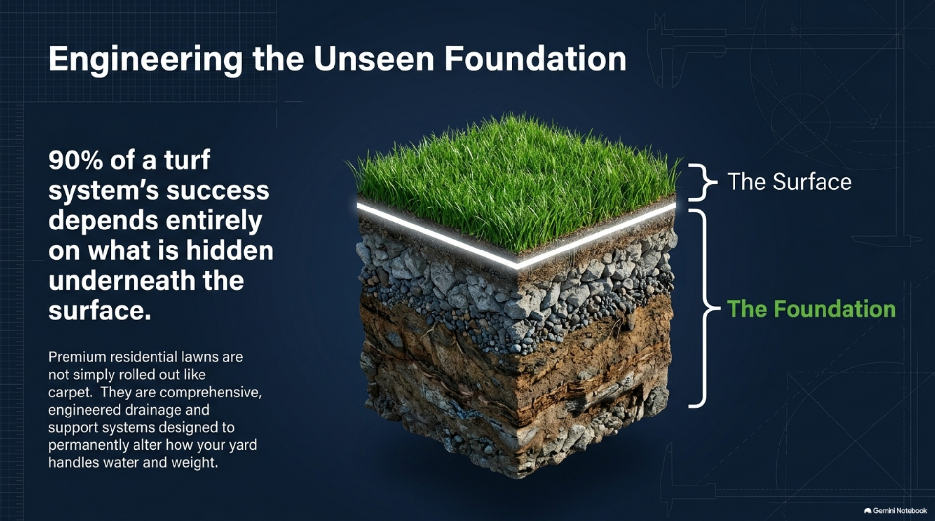 Slide stating that ninety percent of a turf system success depends on what is hidden underneath the surface