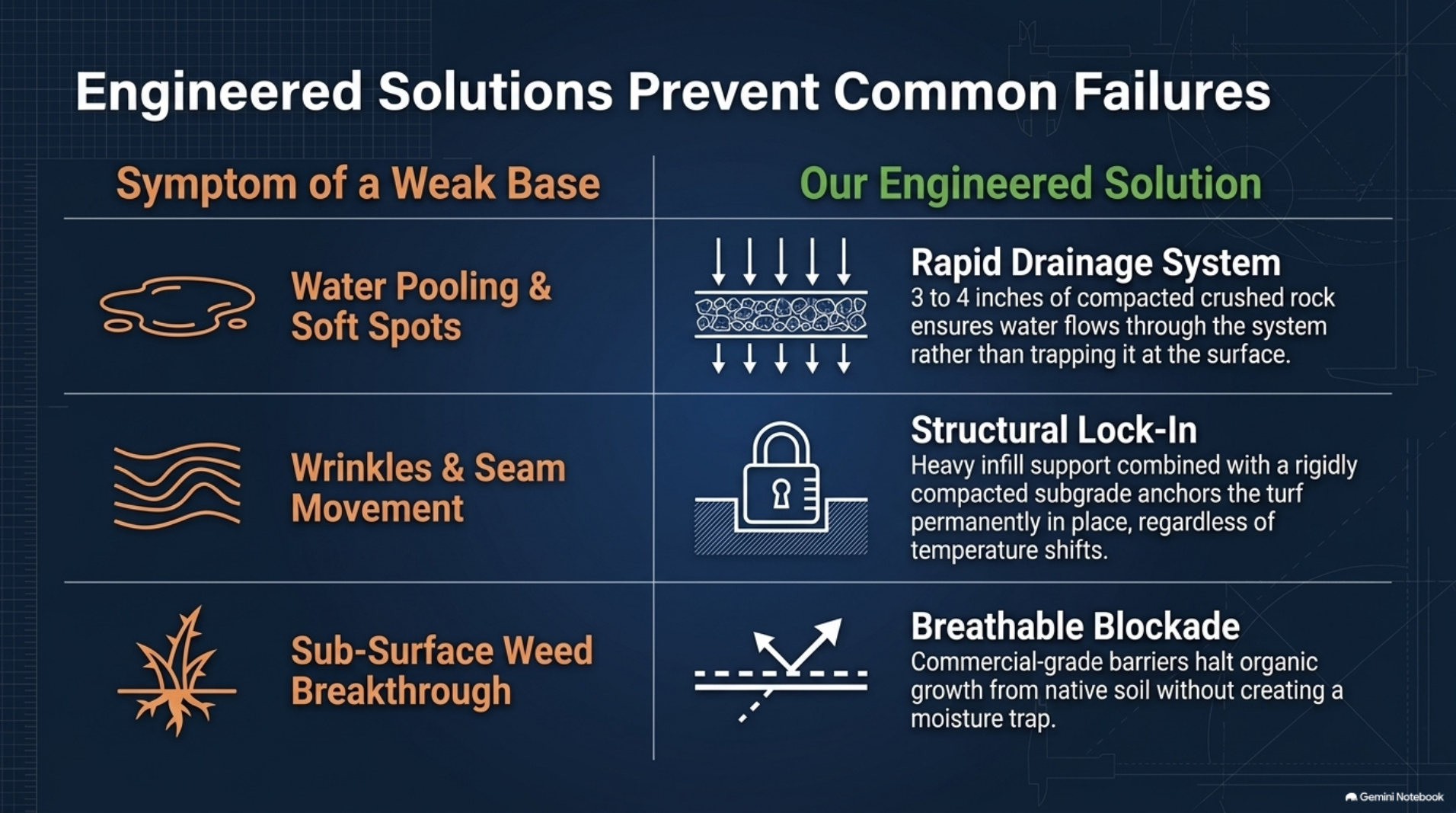 Slide pairing common turf failures like pooling, wrinkles, and weed breakthrough with engineered base solutions