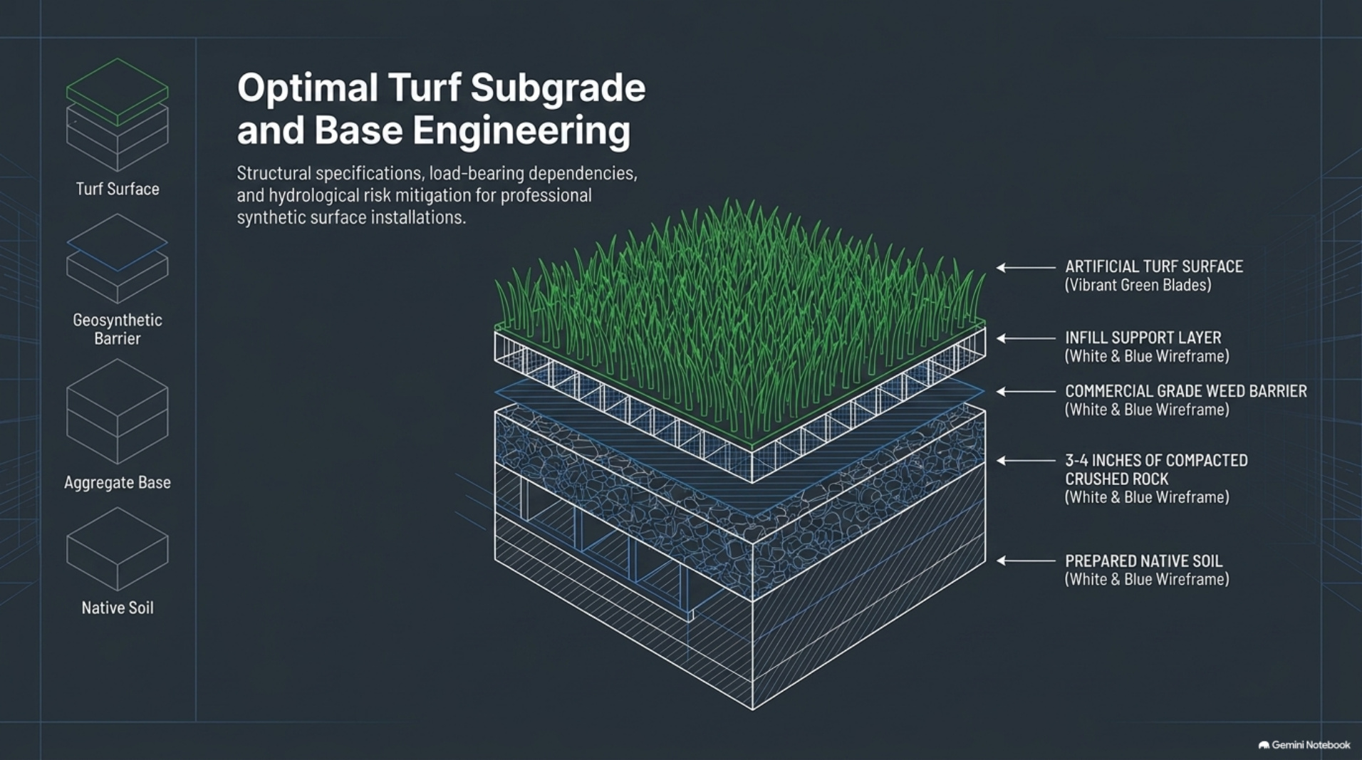 Layer stack diagram of a synthetic turf system from native soil to surface