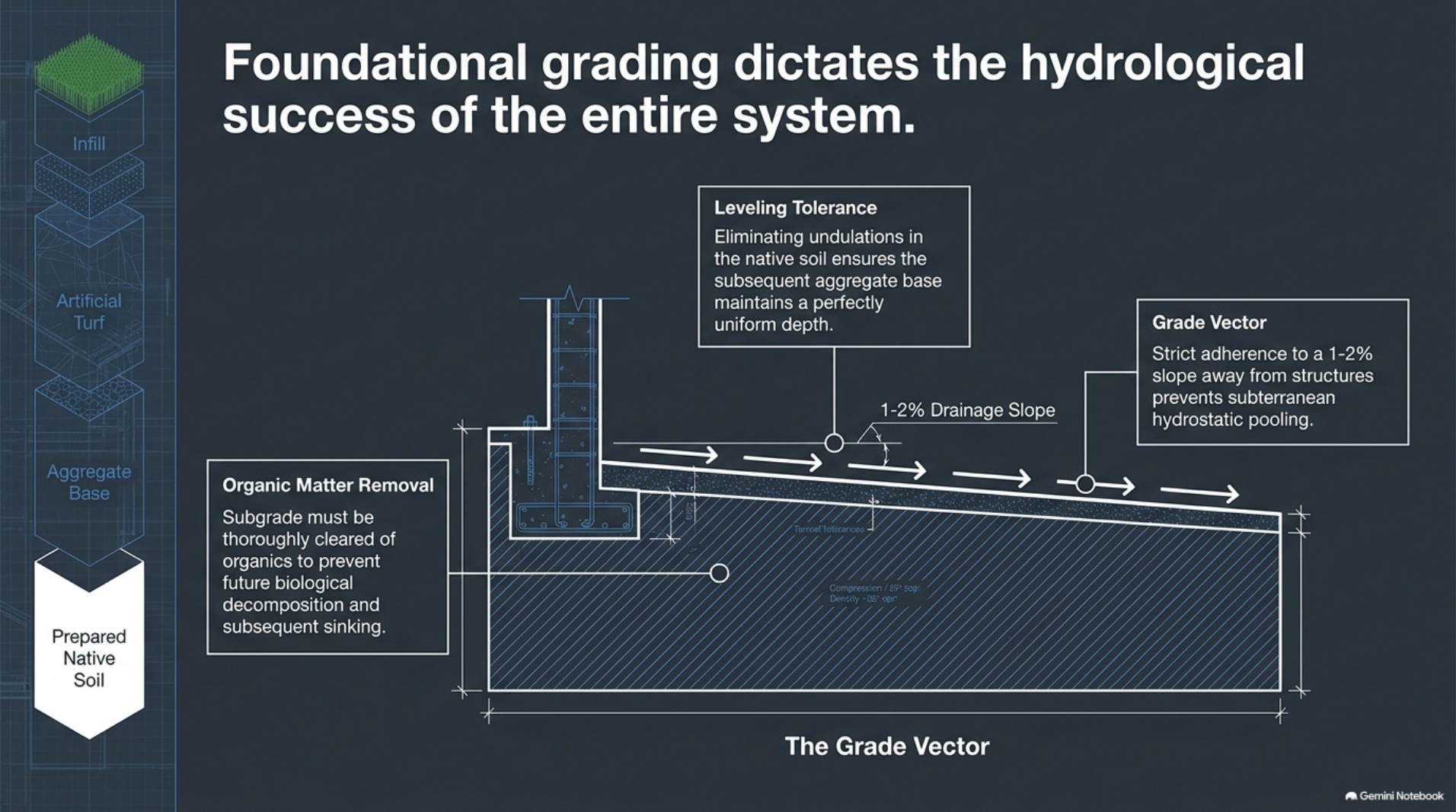 Subgrade grading with leveling tolerance and drainage slope away from structures