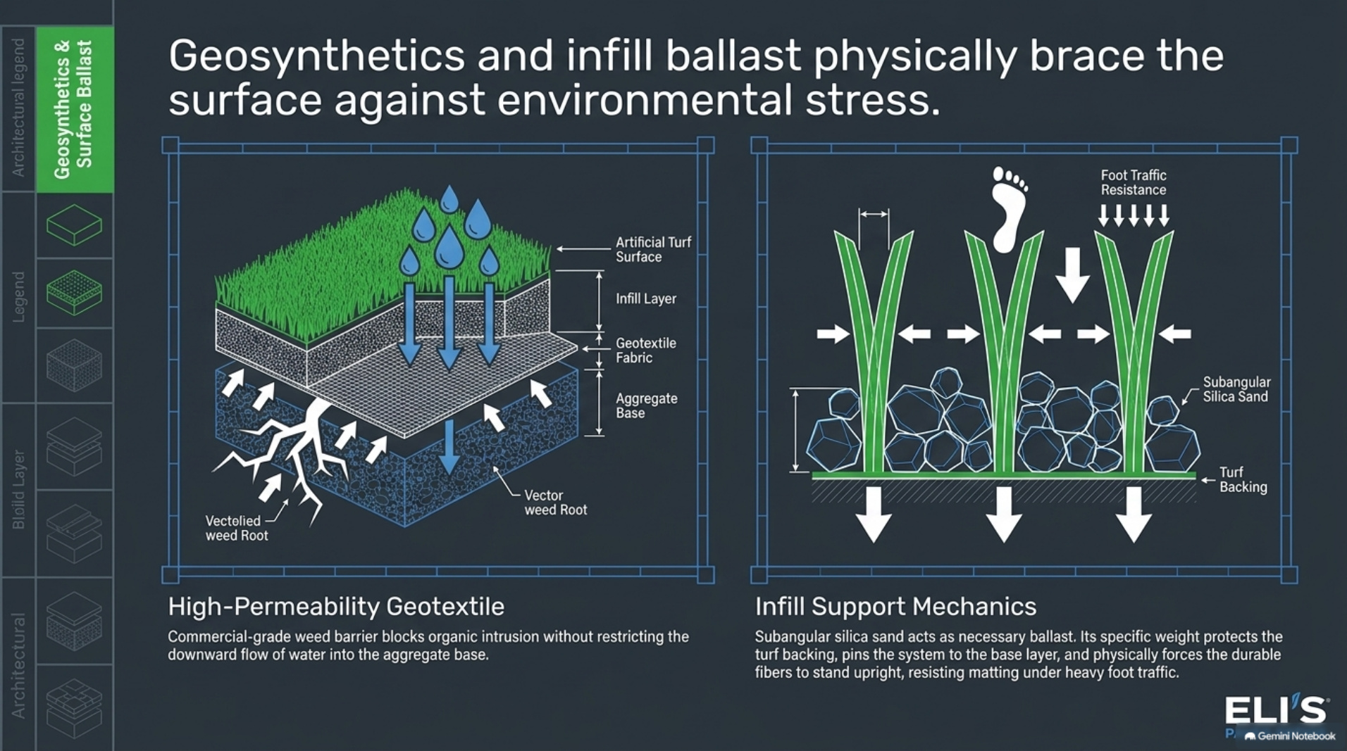 Geotextile weed barrier and silica sand infill ballast layers